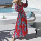 Puff-sleeve V-neck Flower Print Maxi Dress