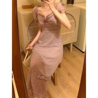 Short-sleeve Frill Trim Maxi Dress