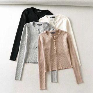 Long Sleeve Ribbed-knit Plain Sweater
