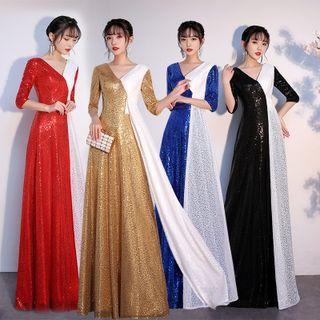 Short-sleeve Glitter Paneled A-line Gown
