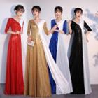 Short-sleeve Glitter Paneled A-line Gown