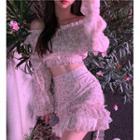 Long-sleeve Off-shoulder Shirred Floral Print Crop Top / Mini Mermaid Skirt