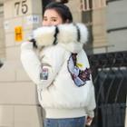 Crane Applique Furry Hood Padded Jacket