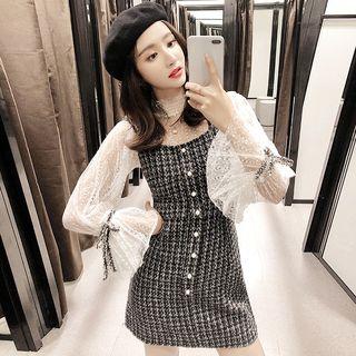 Set: Bell-sleeve Lace Top + Sleeveless Mini Tweed Dress