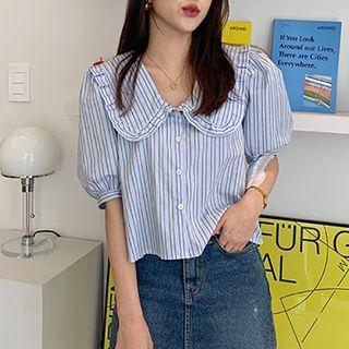 Puff-sleeve Collared Striped Blouse