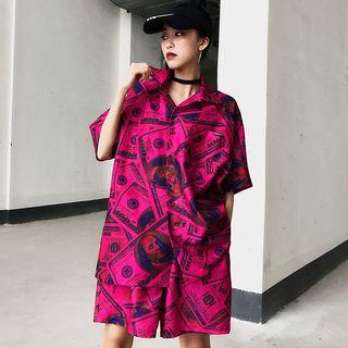 Set: Banknote Print Elbow-sleeve Shirt + Shorts Rose Pink - One Size