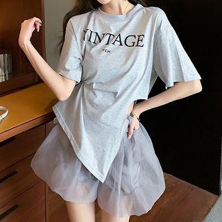 Lettering Zip-side T-shirt / Mesh Mini A-line Skirt / Set