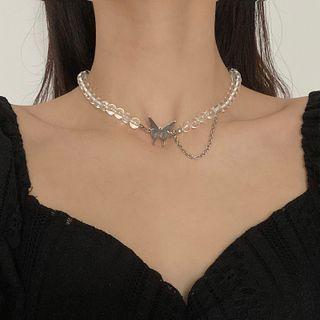 Butterfly Alloy Pendant Resin Bead Choker 1 Pc - Butterfly Choker - White - One Size