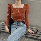 Square-neck Shirred Cropped Knit Top