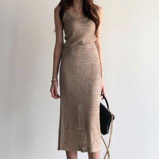 Set: Knit Spaghetti Strap Top + Midi Skirt
