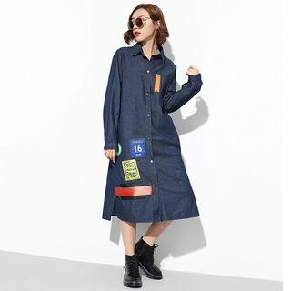 Patched Long Sleeve Denim Shirt Dress