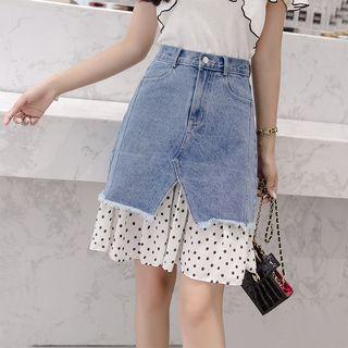 Polka Dot Panel Denim Skirt