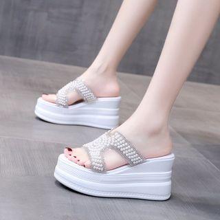Planform Wedge Heel Faux Pearl Slide Sandals