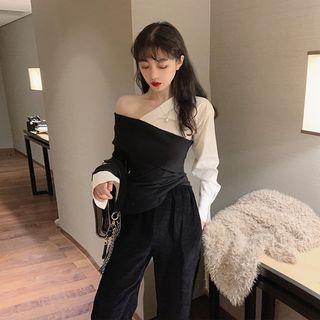 Color Block Long-sleeve Top 9509 - Black & White - One Size