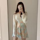 Plain Knit Top / Floral Print Skirt