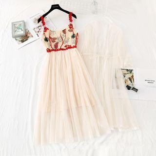 Set: Embroidered Mesh Midi Dress + Lace Trim Tie-front Long Mesh Top