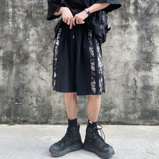 Pattern Panel Plain Straight Leg Shorts