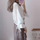 3/4-sleeve Lace Panel Blouse / Plaid Midi A-line Skirt