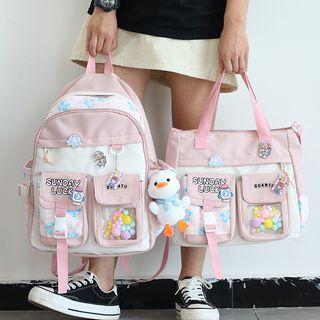 Set: Pvc Panel Two-tone Nylon Backpack + Tote Bag