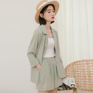 Plain Single-breasted Blazer / Camisole Top / High-waist Wide-leg Shorts / Set