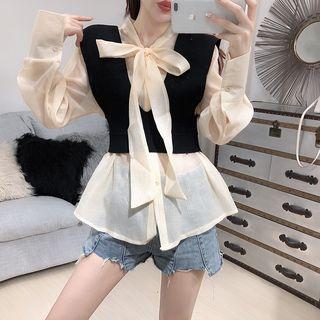 Set: Tie-neck Blouse + V-neck Cropped Knit Vest
