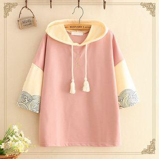 Color-block Printed Short-sleeve Hooded Top