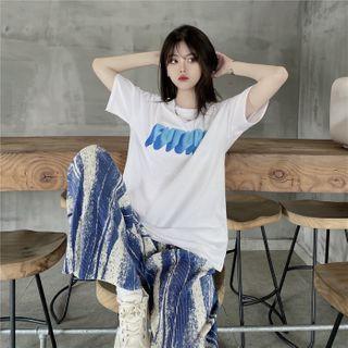 Lettering Short-sleeve T-shirt / Tie-dye Wide-leg Pants