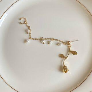 Faux Pearl Alloy Rose Chain Earring 1 Piece - Gold - One Size