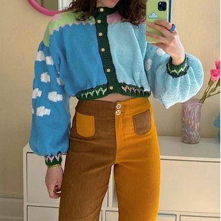 Puff Sleeve Contrast-color Cropped Cardigan