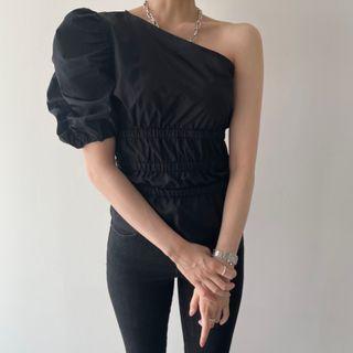 Puff-sleeve One-shoulder Peplum Top