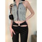 Cropped Denim Vest / High-waist Plain Cutout Boot Cut Pants