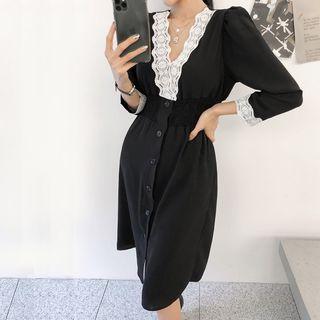 Lace-trim Button-through Dress Black - One Size