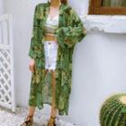 Leaf Print Open Front Light Long Jacket As Shown In Figure - One Size