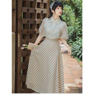 Set : Chiffon Embroidered Shirt + Dotted Midi  Skirt