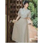 Set : Chiffon Embroidered Shirt + Dotted Midi  Skirt