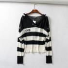 Wide-stripe Open Knit Hooded Top Black Stripes - Black & White - One Size