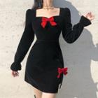 Long-sleeve Bow-accent Mini Sheath Dress