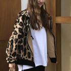 Leopard Print Hooded Zip Jacket / Side-slit Midi Knit Skirt