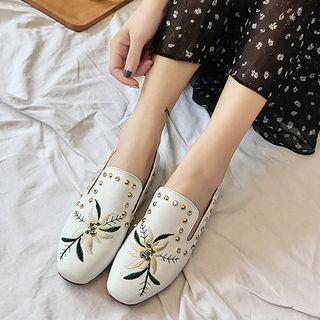 Flower Embroidered Studded Loafers