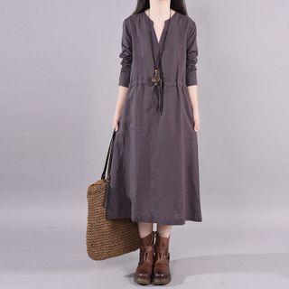 Long-sleeve Drawstring Midi Shift Dress