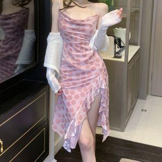 Spaghetti-strap Floral Print Slit Midi Sheath Dress / Cardigan