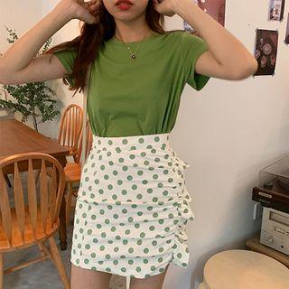 Short-sleeve T-shirt / Polka Dot Ruffle A-line Mini Skirt