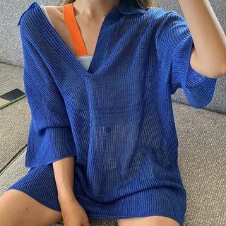 3/4-sleeve Perforated Knit Top Blue - One Size