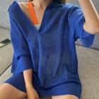 3/4-sleeve Perforated Knit Top Blue - One Size
