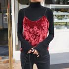 Spaghetti-strap Lace-trim Velvet Top