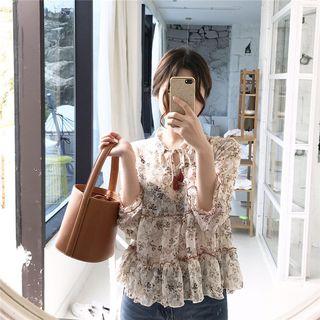 Tie-neck Floral See-though Chiffon Top