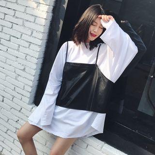 Set: Long-sleeve T-shirt + Faux Leather Strappy Top