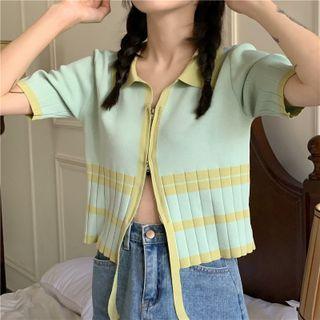 Short-sleeve Zipped Knit Top Green - One Size