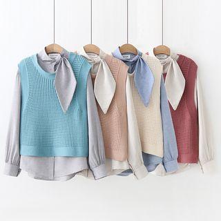 Set: Tie-neck Blouse + Crew Neck Knit Vest
