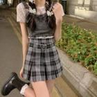 Short-sleeve Lace Top / Denim Vest / Plaid Pleated Mini Skirt
